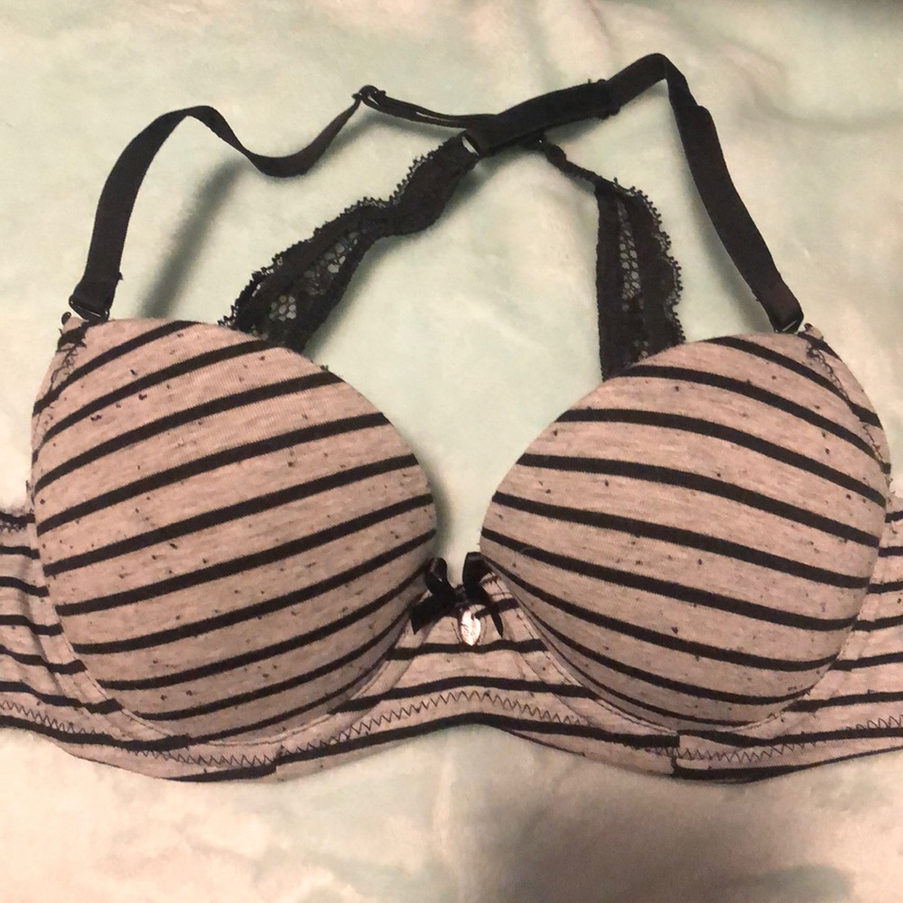 lace cross back black and greg stripe bra